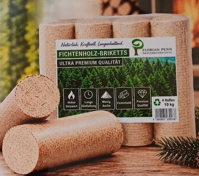 Fichtenbriketts von Penn Naturbrennstoffe Hofkirchen - längere Brenndauer als Brennholz